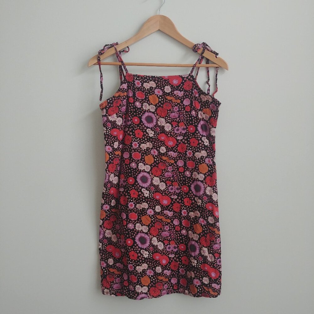 Twik by Simons tie shoulder strap mini dress black red pink golden floral Small